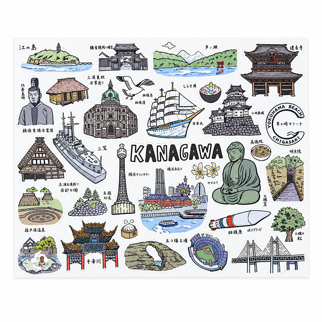 A square white art print or poster featuring hand-drawn illustrated landmarks and cultural symbols of Kanagawa, Japan, with the word 'KANAGAWA' in large letters at the center.