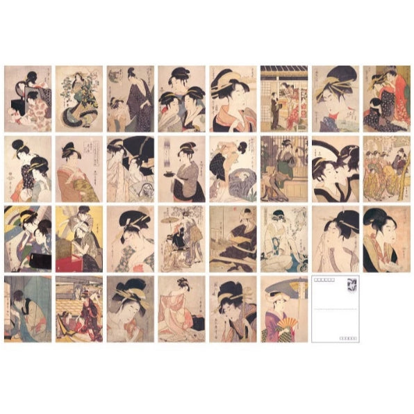 Collection of traditional Japanese woodblock prints featuring various scenes and figures.
