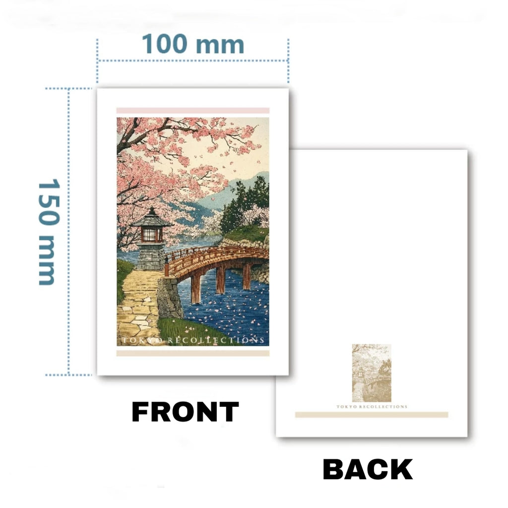 Print with a scenic design of a bridge and cherry blossoms, showing front and back views with measurements.