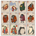 Set of 12 cards featuring illustrated frogs in various poses and outfits on a beige background.