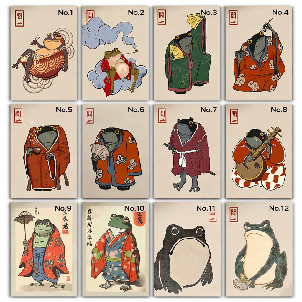 Set of 12 cards featuring illustrated frogs in various poses and outfits on a beige background.
