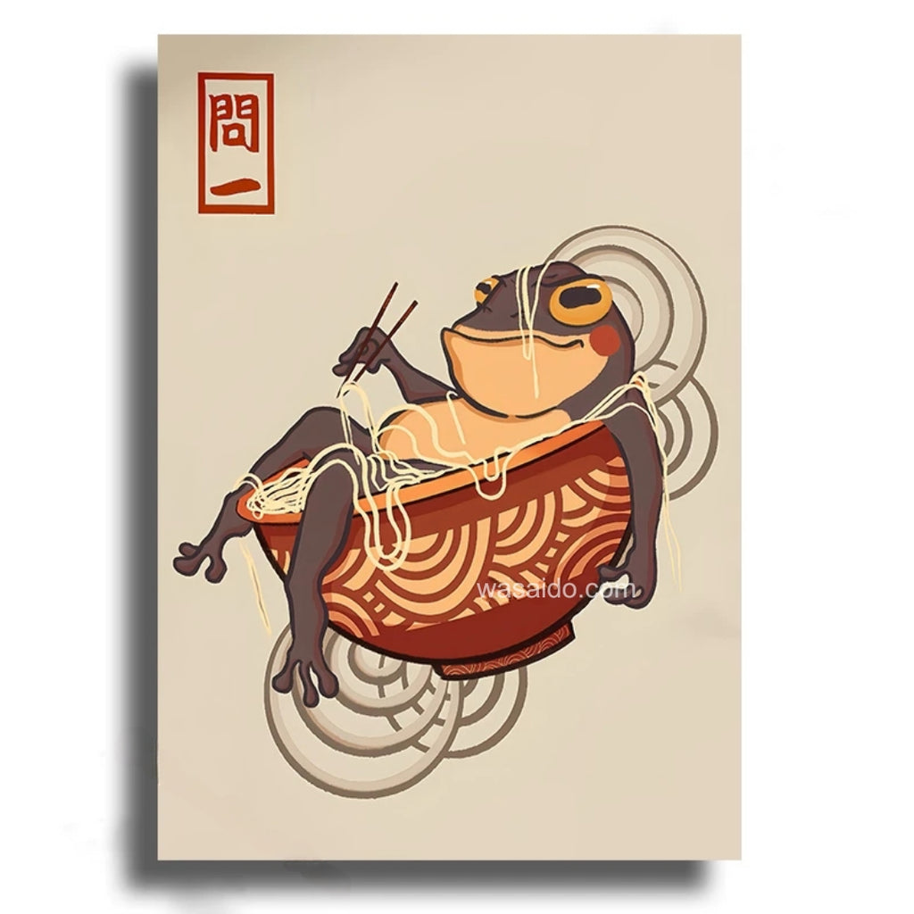 Illustration of a frog eating noodles from a bowl on a beige background