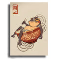 Illustration of a frog eating noodles from a bowl on a beige background