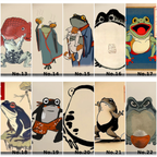Illustrations of a frog in various poses and outfits on a grid.