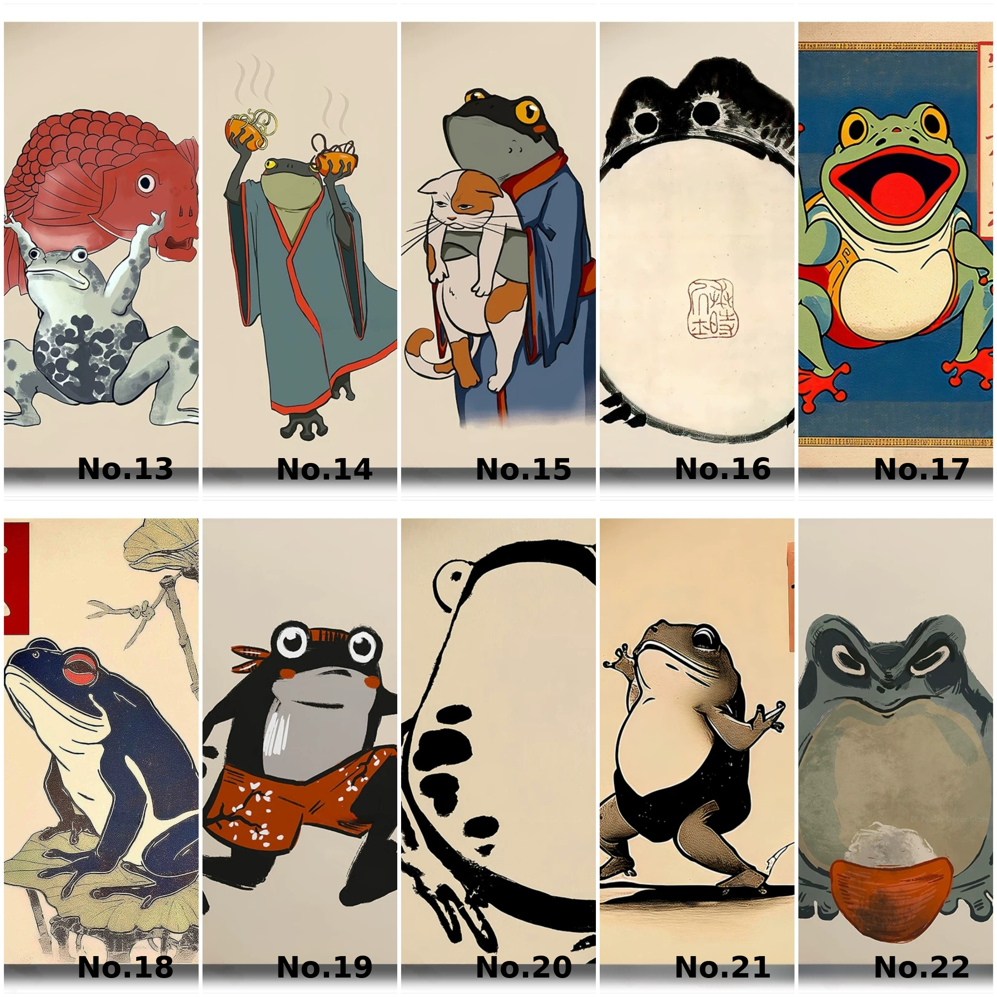 Illustrations of a frog in various poses and outfits on a grid.