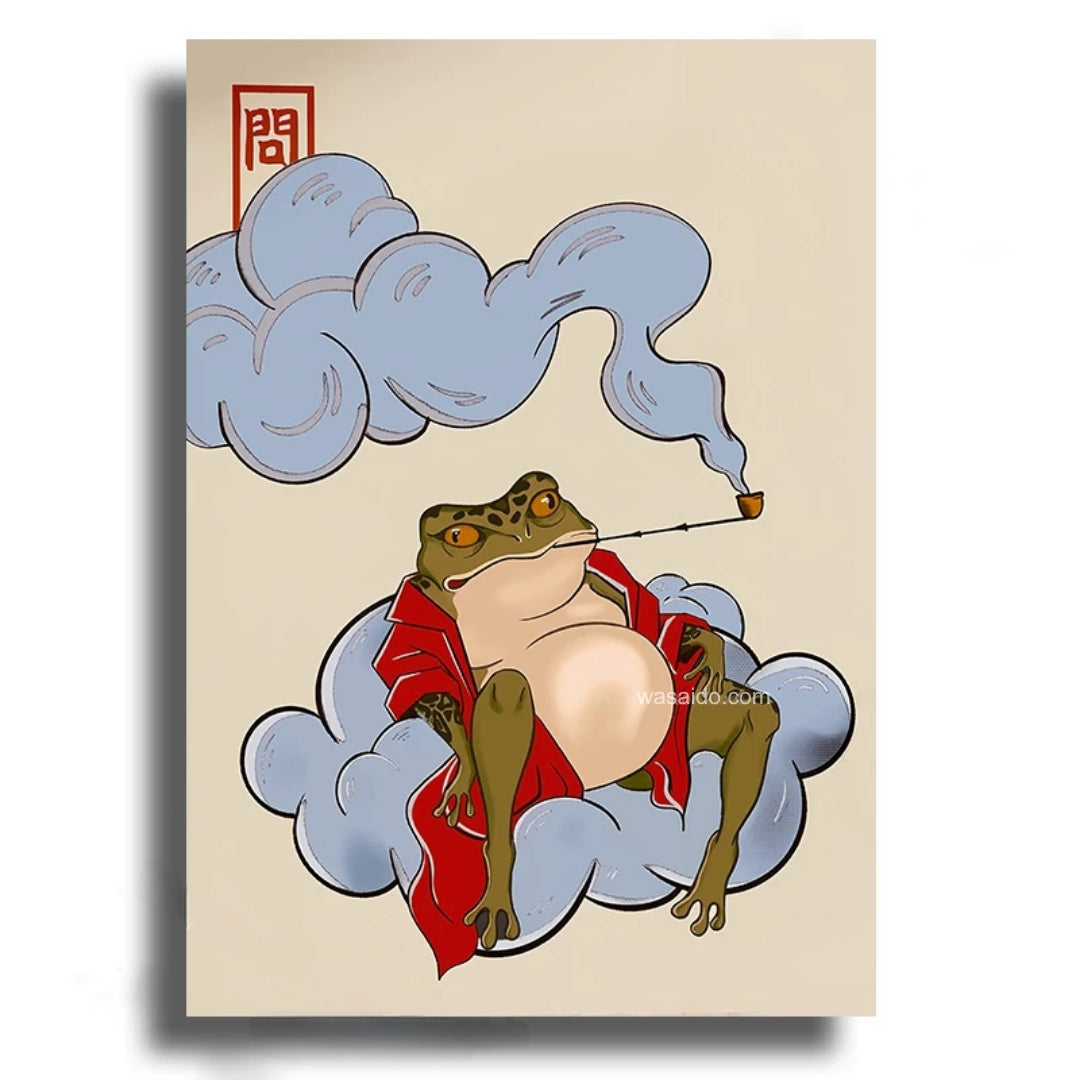 Frog in a red robe smoking a cigarette on a beige background
