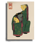 Frog in traditional Japanese attire holding a fan on a beige background