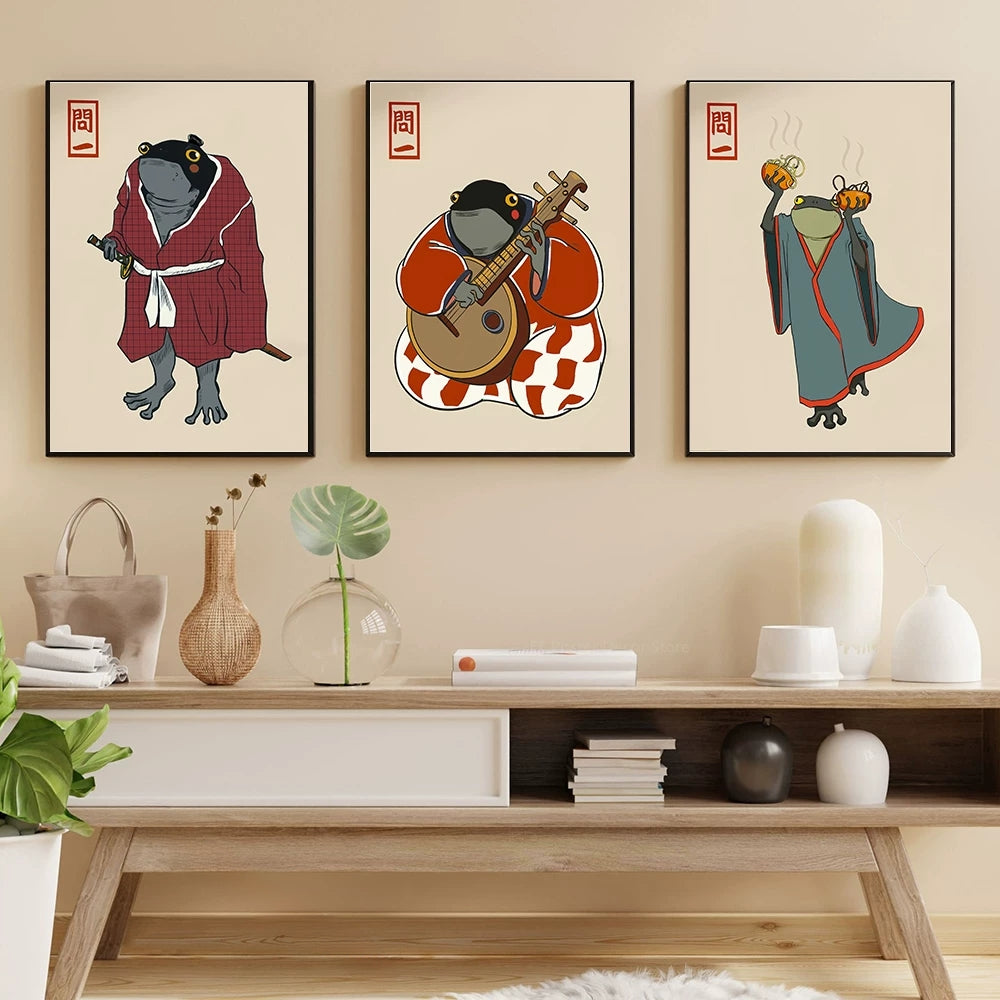 Three framed illustrations of animals in traditional attire on a wall above a wooden console table.