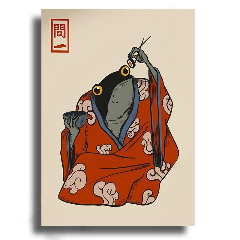 Illustration of a creature in a red kimono with a red stamp on a beige background