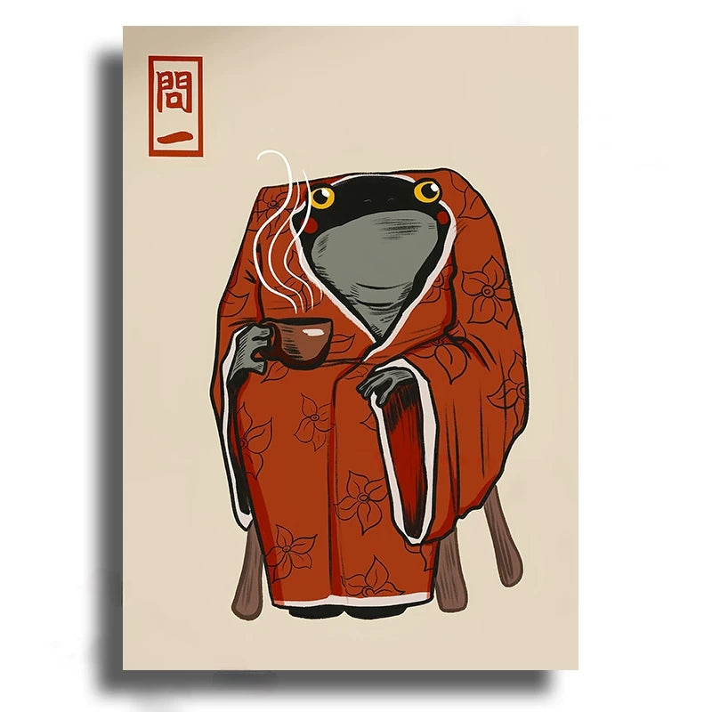 Illustration of a creature in an orange robe holding a cup on a beige background