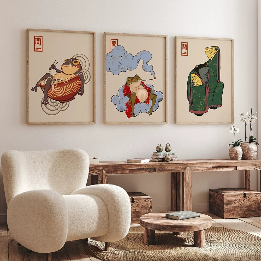 Living room with a beige armchair, wooden coffee table, and wall art featuring traditional designs.