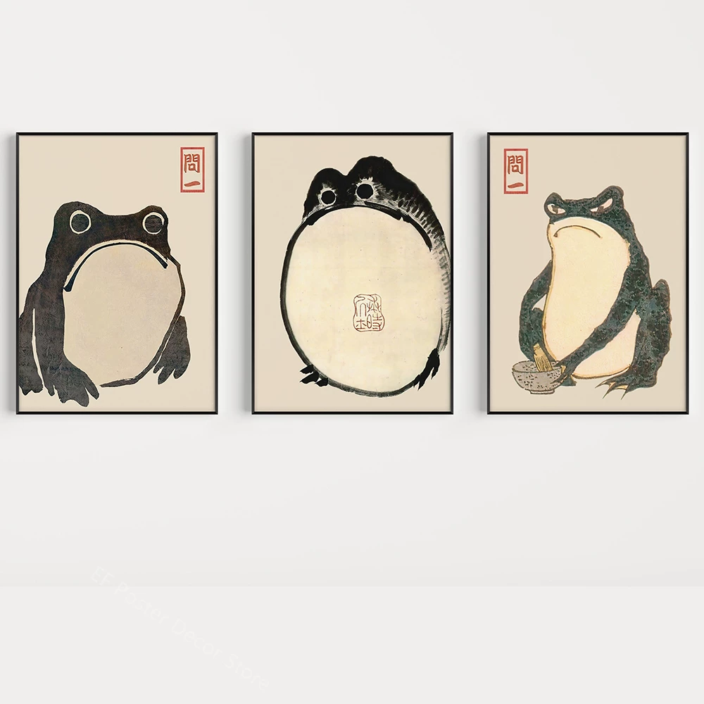 Three framed illustrations of frogs on a beige background