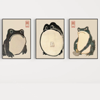 Three framed illustrations of frogs on a beige background
