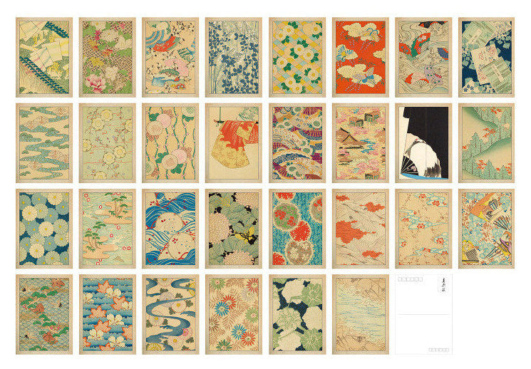 Collection of vintage-style postcards with colorful designs on a white background