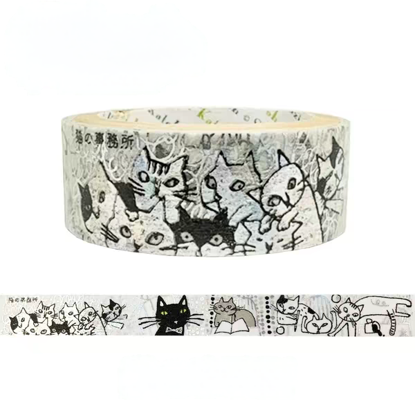 A roll of washi tape with a white background and black and gray cartoon cat illustrations, shown with a strip preview below on a white background.