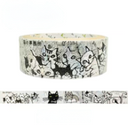 A roll of washi tape with a white background and black and gray cartoon cat illustrations, shown with a strip preview below on a white background.