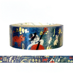 A roll of decorative washi tape with a dark blue background featuring whimsical illustrations of a black cat playing a cello, a red cat, white rabbits, musical notes, and gold symbols, shown with a strip unrolled below on a white background.