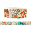 A roll of decorative washi tape with a whimsical woodland pattern featuring a gnome, squirrel, flowers, leaves, and small houses on a cream background, shown with a narrow strip unrolled below.