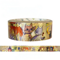 A roll of decorative washi tape featuring an illustrated design of two cats on a warm beige background with gold foil accents, shown against a plain white background with a flat strip preview below.