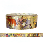 A roll of decorative washi tape featuring an illustrated design of two cats on a warm beige background with gold foil accents, shown against a plain white background with a flat strip preview below.