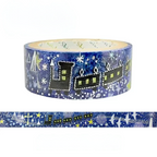 A roll of decorative washi tape featuring a winter night scene with a train, stars, and snowflakes in blue, white, and yellow, shown with a flat strip of the tape below on a white background.