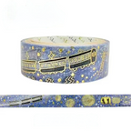 A roll of decorative washi tape featuring a blue space theme with gold stars, planets, and a train, shown alongside a flat strip of the tape on a white background.
