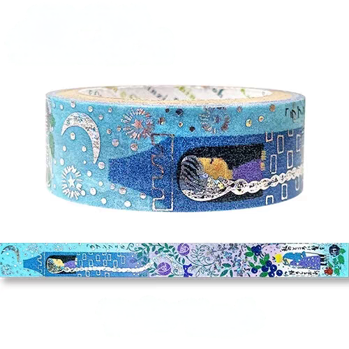 A roll of decorative washi tape with a blue night-sky and moon pattern, shown above a flat strip preview of the same pattern on a white background.