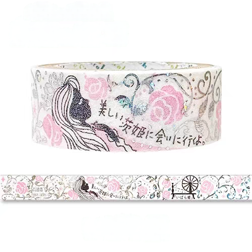 A roll of decorative washi tape with a vintage-style illustration of a woman, pink roses, and Japanese text, shown alongside a flat section of the tape displaying the pattern details.