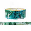 A roll of decorative washi tape with a Japanese-style illustration in teal, green, black, and white, shown above a flat strip preview of the same pattern on a white background.