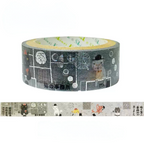 A roll of decorative washi tape with a dark gray cat-themed illustration, shown alongside a flat strip preview of the pattern on a white background.