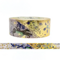 A roll of decorative washi tape with a Japanese-style floral and insect pattern, featuring gold foil accents, blue butterflies, and green leaves on a white background.