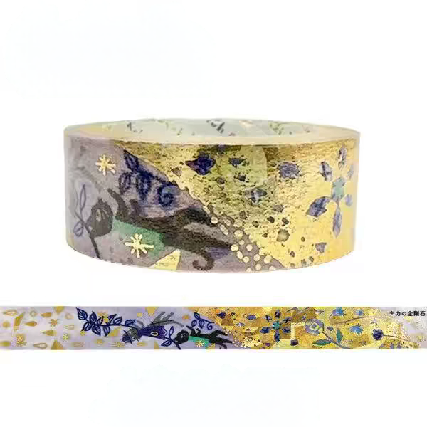 A roll of decorative washi tape with a Japanese-style floral and insect pattern, featuring gold foil accents, blue butterflies, and green leaves on a white background.