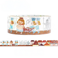 A roll of decorative washi tape featuring a whimsical medieval scene with illustrated children, a knight, and small houses along the bottom edge, shown on a plain white background with a strip preview below the roll.