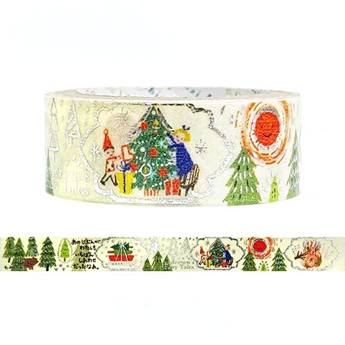 A roll of decorative washi tape with a vintage Christmas illustration, shown above a flat strip preview of the same pattern on a white background.
