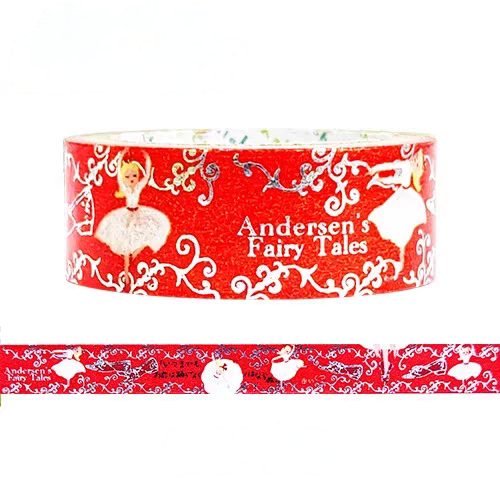 A roll of decorative washi tape featuring red, white, and silver illustrations of Andersen's Fairy Tales characters, with a horizontal strip shown below the roll on a white background.