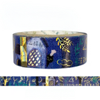 A roll of decorative washi tape with a dark blue night-sky pattern, featuring gold foil accents, white Japanese characters, and a small black cat illustration. A strip of the tape is shown below the roll on a plain white background.