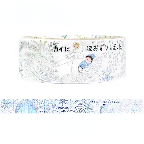 A roll of decorative washi tape with a white background and light blue illustrated patterns, featuring Japanese text and a small character. A strip of the tape is shown below the roll on a plain white background.