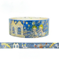 A roll of decorative washi tape with a blue celestial pattern featuring gold stars, a castle, and two children, shown with a strip unrolled below on a white background.