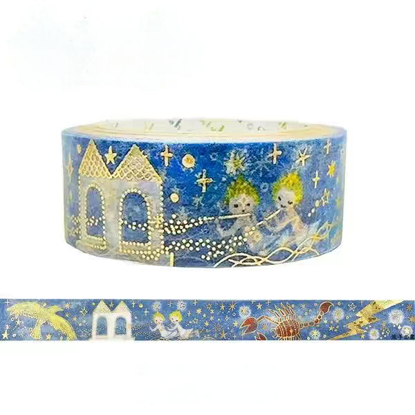 A roll of decorative washi tape with a blue celestial pattern featuring gold stars, a castle, and two children, shown with a strip unrolled below on a white background.