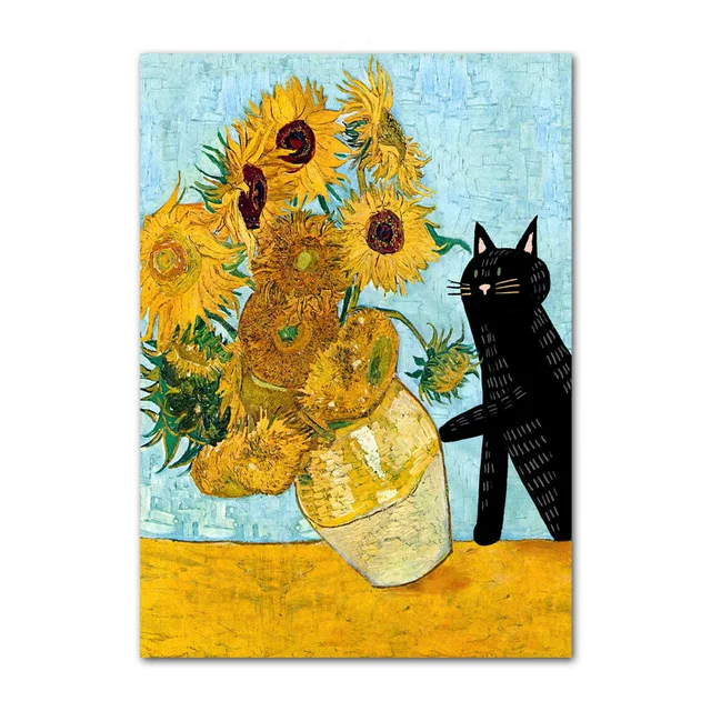 Modified artwork of Van Gogh's 'Sunflowers' with a black cat added