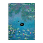 Modified artwork of a cat among lily pads with a question mark, inspired by Monet's 'Water Lilies'.
