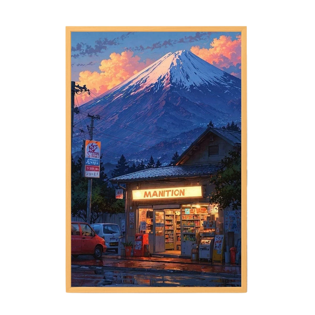 Framed artwork of a mountainous landscape with a illuminated building and cars.