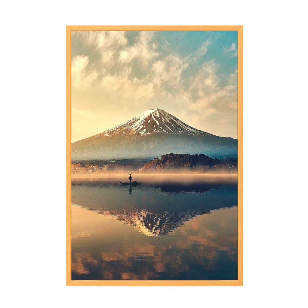 Framed artwork of a mountain reflection in water with a person on a boat.