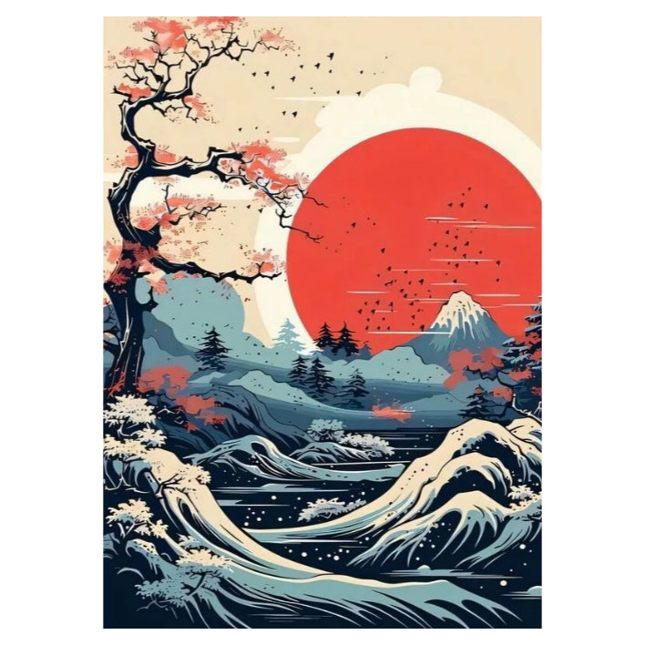 Japanese-style landscape with cherry blossom tree, red sun, and mountain.