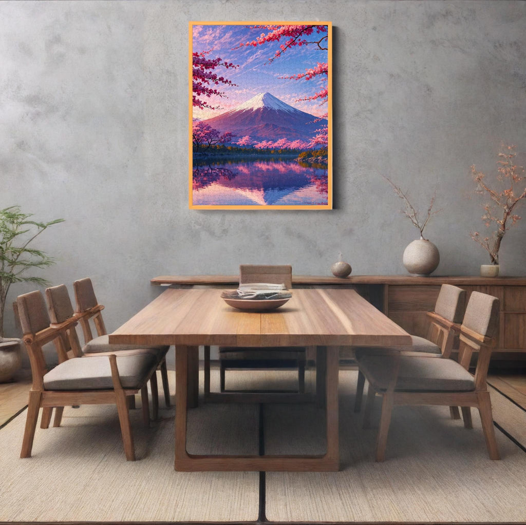 Dining room with wooden table and chairs, featuring a large framed artwork of a mountain and cherry blossoms.