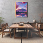 Dining room with wooden table and chairs, featuring a large framed artwork of a mountain and cherry blossoms.