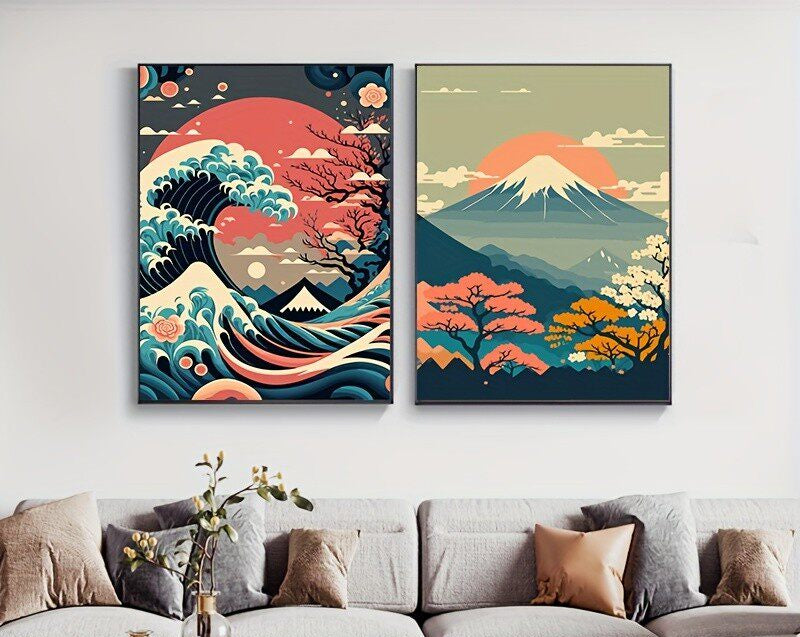 Two colorful wall art pieces above a sofa in a living room setting.