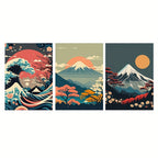 Three scenic posters featuring a wave, Mount Fuji, and cherry blossoms.