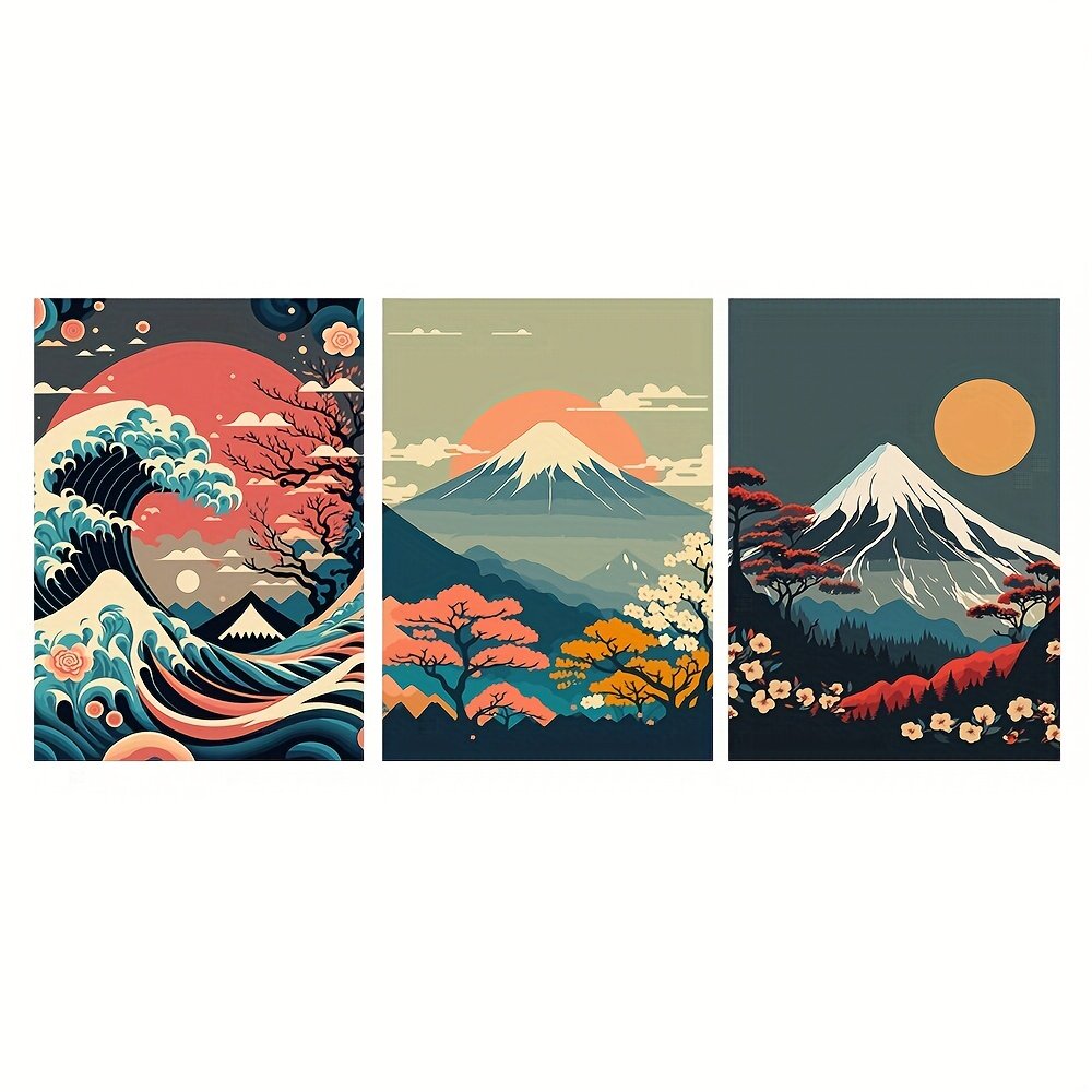 Three scenic posters featuring a wave, Mount Fuji, and cherry blossoms.