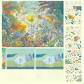A collage-style artwork sheet showing a large central fantasy scene with goldfish, flowers, butterflies, and whimsical creatures, plus two smaller preview panels below and a narrow strip of repeating motifs on the right. The overall composition is a clean flat lay on a pale cream background.
